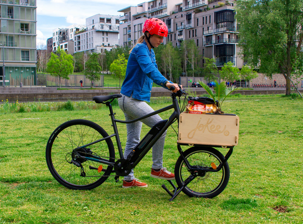 Transport de plantes en vélo cargo dans une boite en bois JoKer Mini